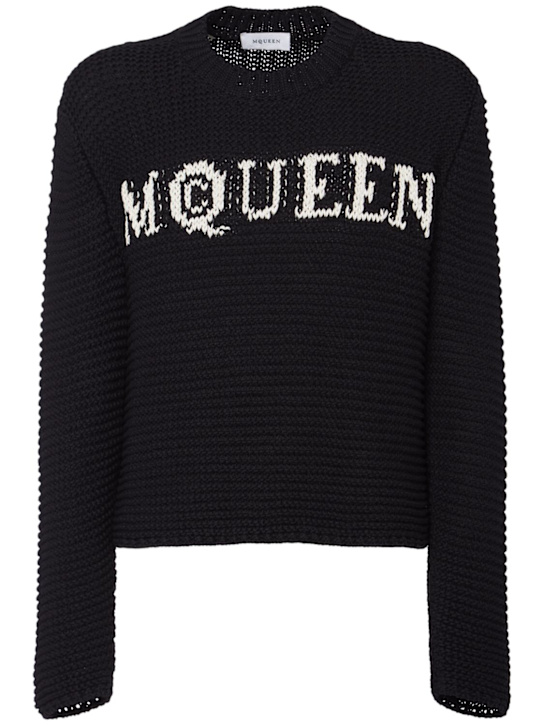 McQueen: Logo crewneck cotton sweater - Black/Ivory - men_0 | Luisa Via Roma