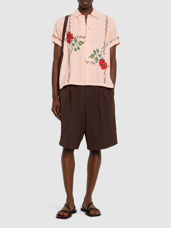 Harago: Floral cross stitched cotton s/s shirt - Pink - men_1 | Luisa Via Roma