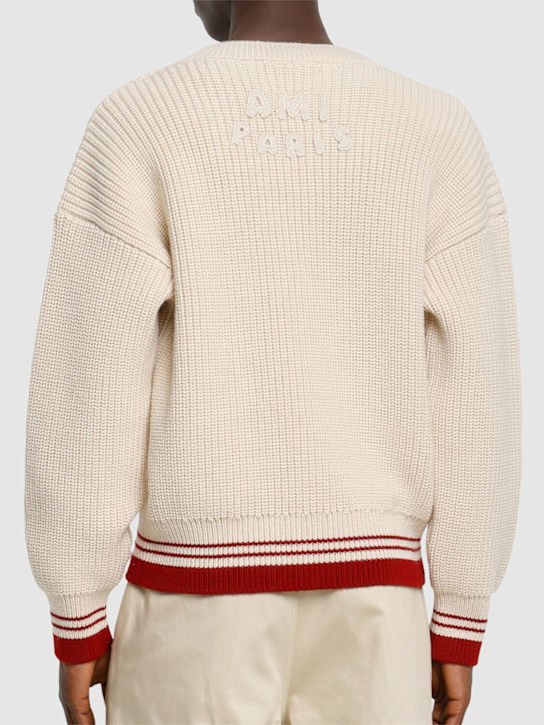 AMI Paris: Rib knit wool v-neck sweater - White Cream - men_2 | Luisa Via Roma