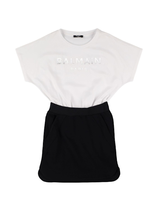 Balmain: Vestito in cotone stampato - Bianco/Nero - kids-girls_0 | Luisa Via Roma