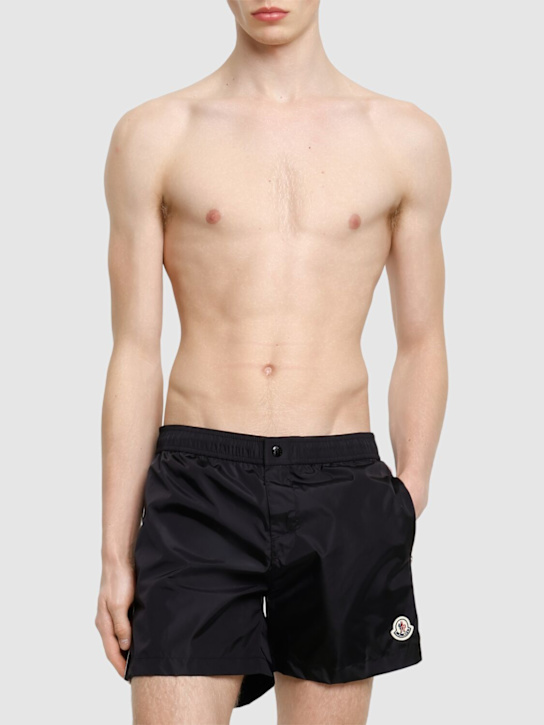 Moncler: Tricolour trimmed nylon swim shorts - Black - men_1 | Luisa Via Roma