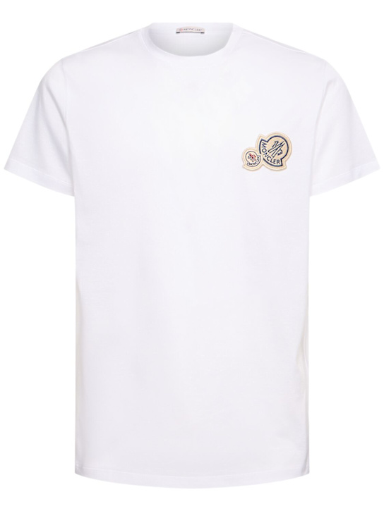 Moncler: Double logo patch cotton t-shirt - Optic White - men_0 | Luisa Via Roma