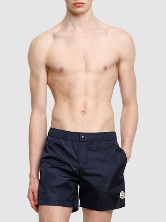 Moncler: Tricolour trimmed nylon swim shorts - Navy - men_1 | Luisa Via Roma