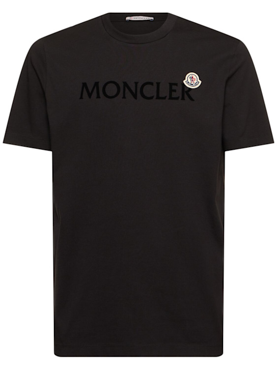 Moncler: Flocked logo cotton t-shirt - Siyah - men_0 | Luisa Via Roma