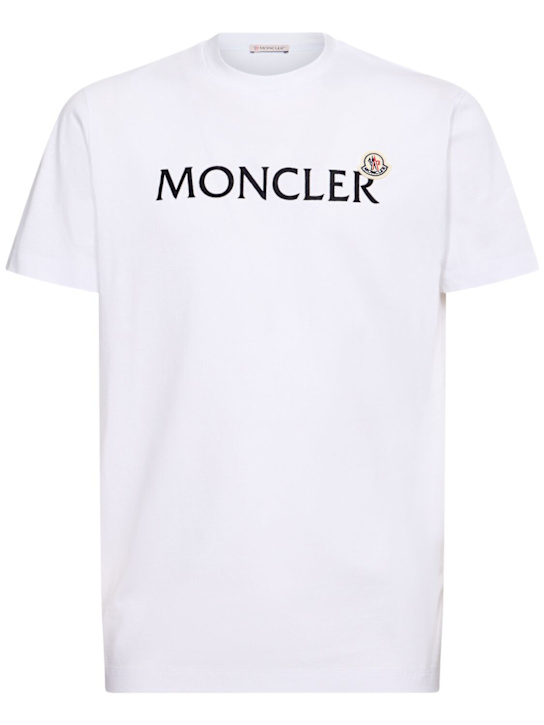 Moncler: Flocked logo cotton t-shirt - White - men_0 | Luisa Via Roma