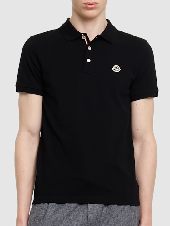 Moncler: Logo patch cotton polo shirt - Black - men_2 | Luisa Via Roma
