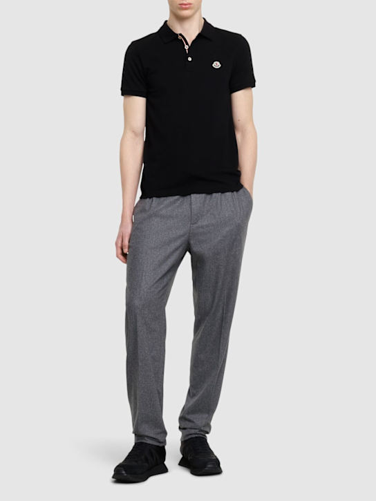 Moncler: Logo patch cotton polo shirt - Black - men_1 | Luisa Via Roma