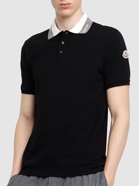 Moncler: Embroidered logo cotton polo shirt - Black - men_2 | Luisa Via Roma