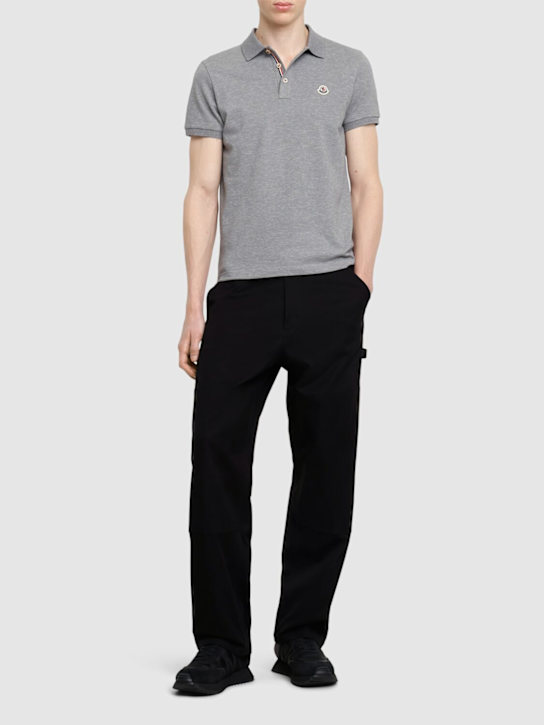 Moncler: Logo patch cotton polo shirt - Grey - men_1 | Luisa Via Roma