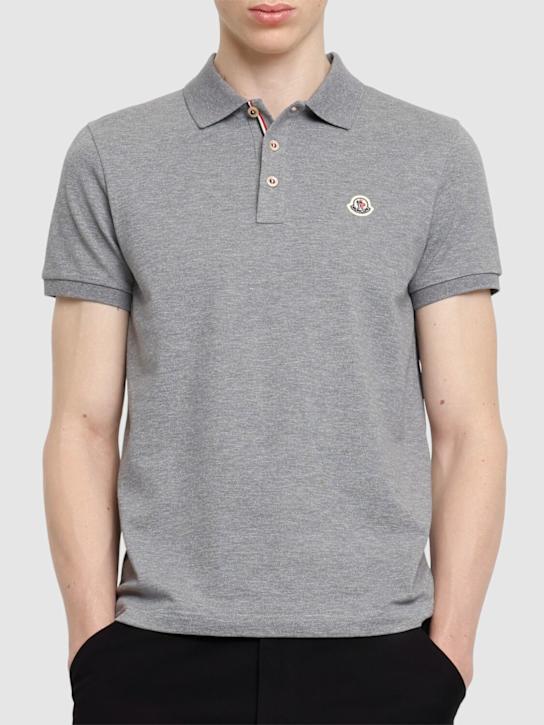 Moncler: Logo patch cotton polo shirt - Grey - men_2 | Luisa Via Roma