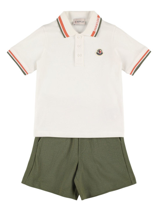 Moncler: Polo e shorts in cotone piqué - Bianco/Verde - kids-boys_0 | Luisa Via Roma