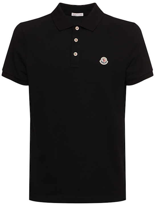 Moncler: Logo patch cotton polo shirt - Black - men_0 | Luisa Via Roma