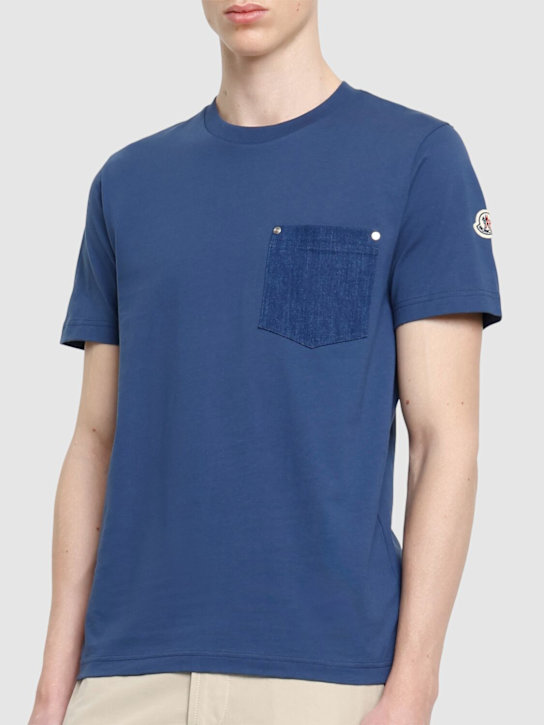 Moncler: Cotton denim t-shirt with pocket - Blue - men_2 | Luisa Via Roma