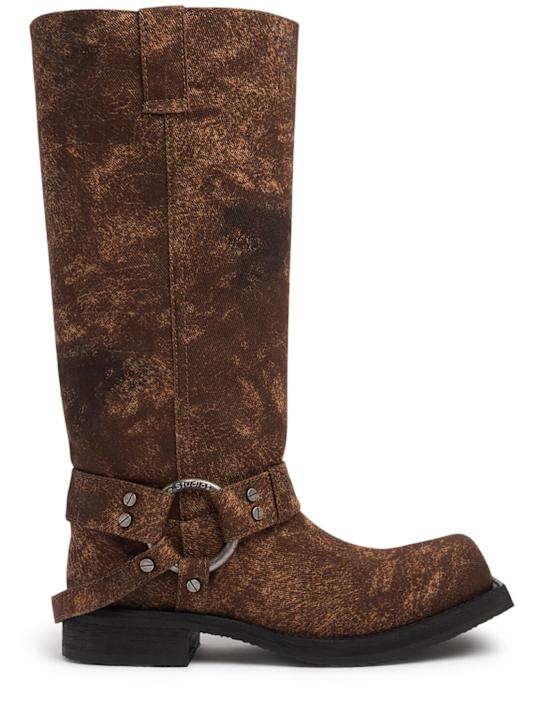 Acne Studios: 35mm Balius coated denim biker boots - Rust Brown - women_0 | Luisa Via Roma