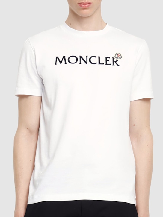 Moncler: Flocked logo cotton t-shirt - White - men_2 | Luisa Via Roma