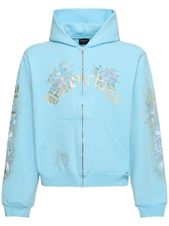 Balenciaga: Small zip-up cotton hoodie - Light Blue - men_0 | Luisa Via Roma