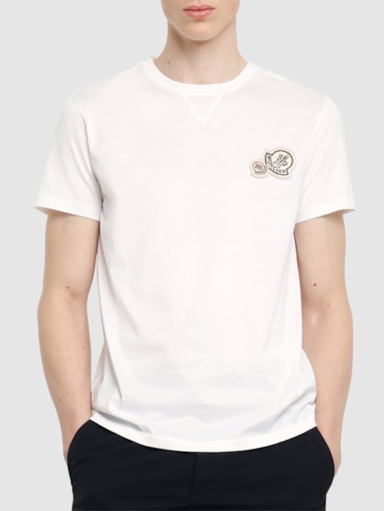 Moncler: Double logo patch cotton t-shirt - Optic White - men_2 | Luisa Via Roma