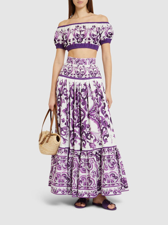 Dolce&Gabbana: Maiolica printed cotton long skirt - Purple/Multi - women_1 | Luisa Via Roma