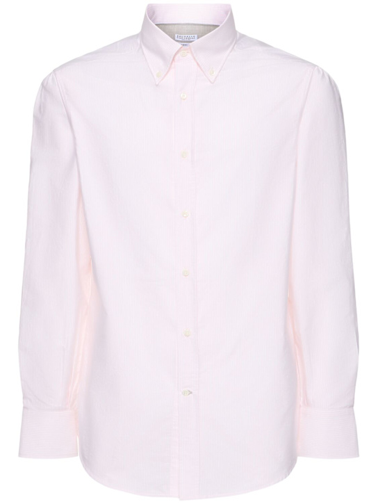 Brunello Cucinelli: Striped cotton button down shirt - Bianco Rosa - men_0 | Luisa Via Roma