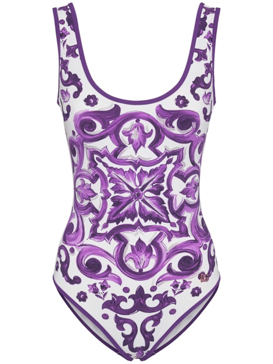 Dolce&Gabbana: Maiolica printed one piece swimsuit - Purple/Multi - women_0 | Luisa Via Roma