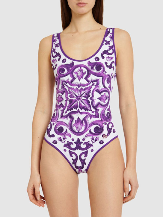 Dolce&Gabbana: Maiolica printed one piece swimsuit - Purple/Multi - women_1 | Luisa Via Roma