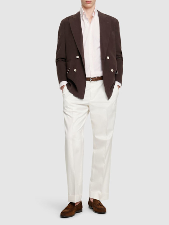 Brunello Cucinelli: Striped cotton button down shirt - Bianco Rosa - men_1 | Luisa Via Roma