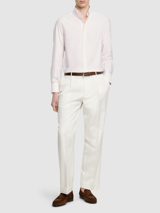 Brunello Cucinelli: Striped cotton button down shirt - Bianco Rosa - men_2 | Luisa Via Roma