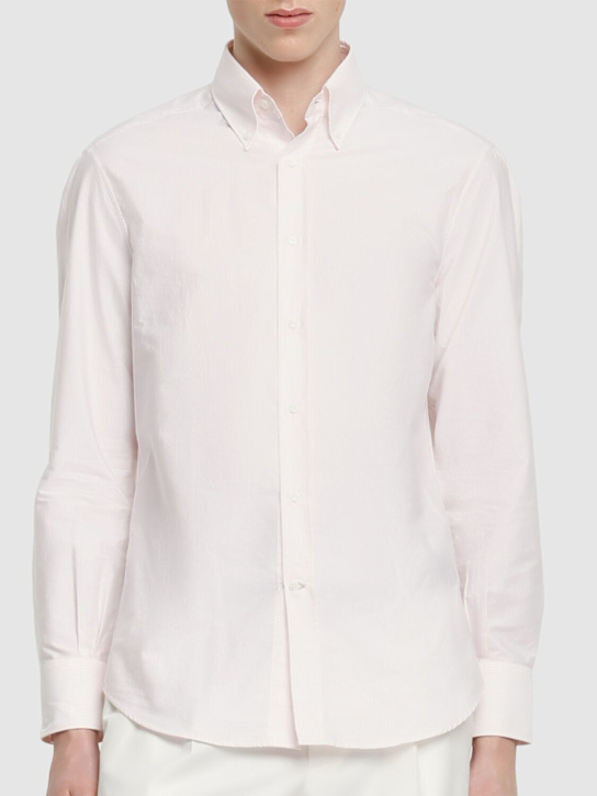 Brunello Cucinelli: Striped cotton button down shirt - Bianco Rosa - men_3 | Luisa Via Roma