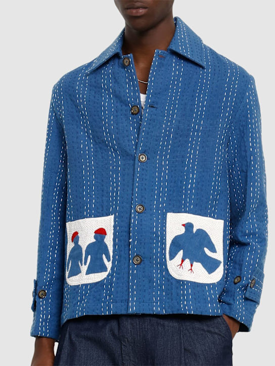 Harago: Kantha appliqué cotton jacket - Blue - men_2 | Luisa Via Roma
