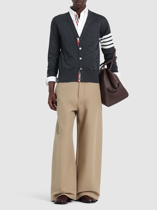 Thom Browne: 4-Bar Wool fine knit cardigan - Dark Grey - men_1 | Luisa Via Roma