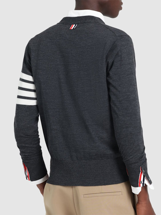 Thom Browne: 4-Bar Wool fine knit cardigan - Dark Grey - men_2 | Luisa Via Roma