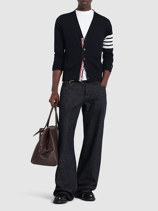 Thom Browne: 4-Bar Wool fine knit cardigan - men_1 | Luisa Via Roma