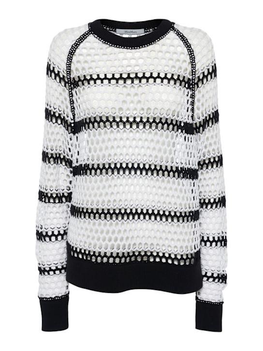 Max Mara: Falena cotton knit crewneck sweater - White/Multi - women_0 | Luisa Via Roma