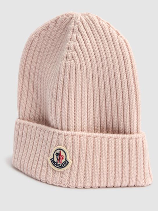Moncler: Logo virgin wool beanie - Light Pink - kids-girls_1 | Luisa Via Roma