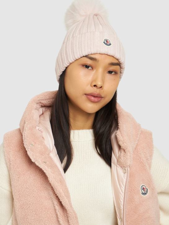 Moncler: Logo extrafine wool pom pom beanie - women_1 | Luisa Via Roma