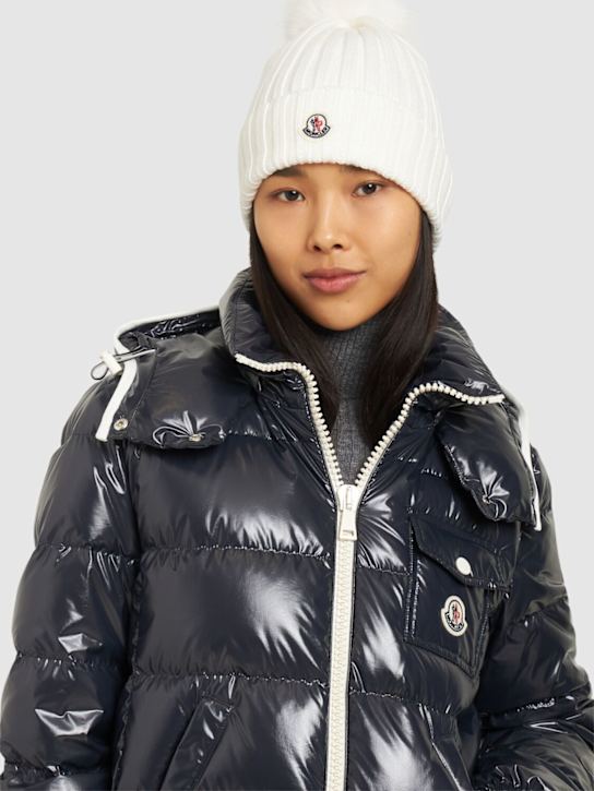 Moncler: Logo extrafine wool pom pom beanie - Silk White - women_1 | Luisa Via Roma