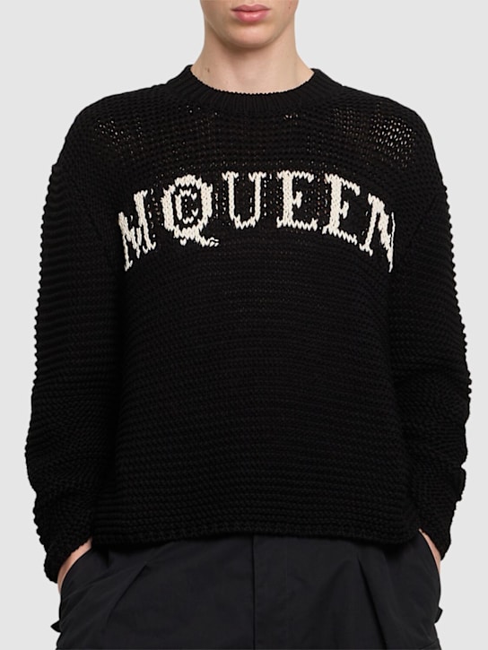 McQueen: Logo crewneck cotton sweater - Black/Ivory - men_2 | Luisa Via Roma