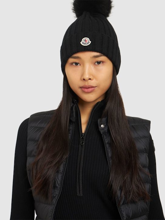 Moncler: Logo extrafine wool pom pom beanie - women_1 | Luisa Via Roma