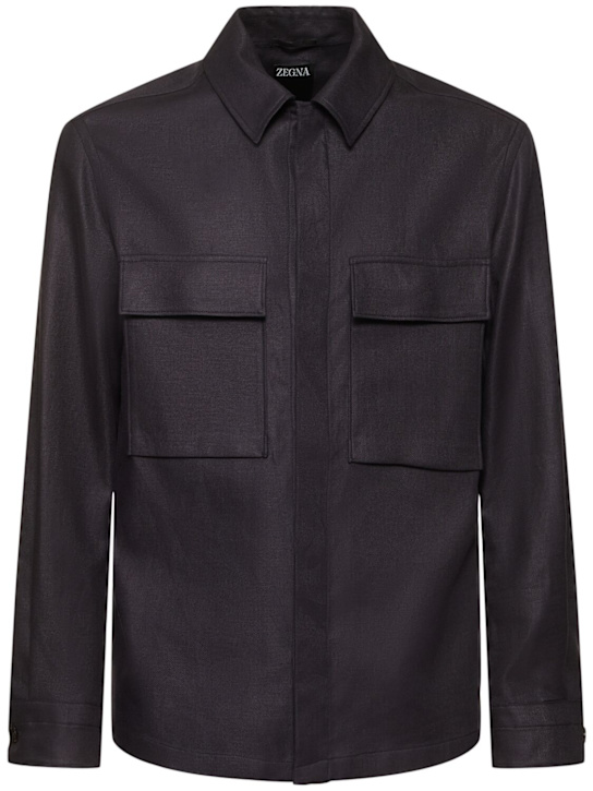 Zegna: Oasi long sleeve linen overshirt - Blue - men_0 | Luisa Via Roma