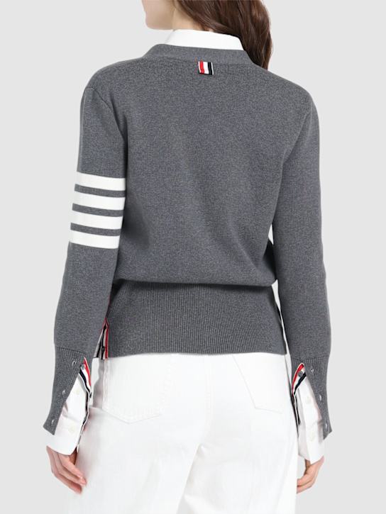 Thom Browne: Classic Milano 4 -bar cotton cardigan - Grey/White - women_2 | Luisa Via Roma