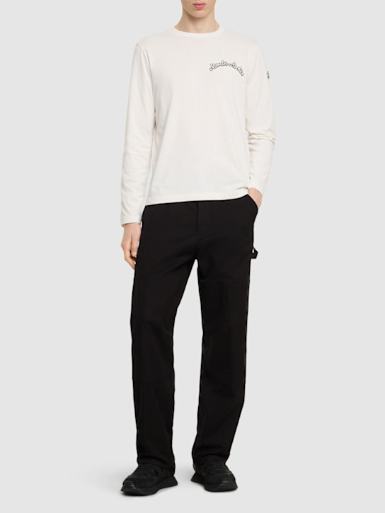Moncler: Embroidered logo l/s cotton t-shirt - men_1 | Luisa Via Roma