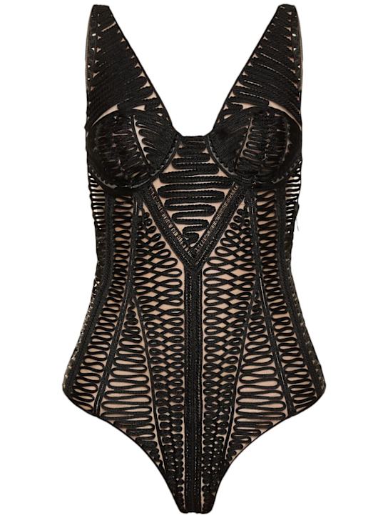 The Attico: Embroidered sheer tulle bodysuit - Black - women_0 | Luisa Via Roma