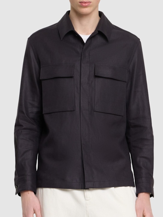 Zegna: Oasi long sleeve linen overshirt - Blue - men_2 | Luisa Via Roma