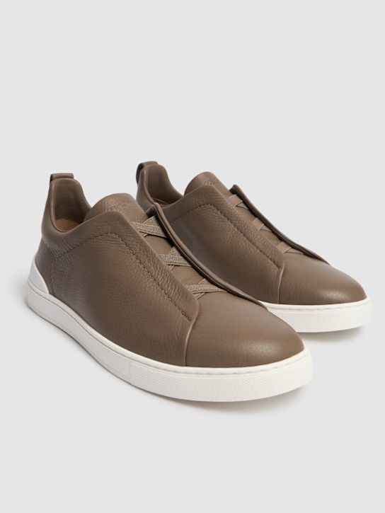 Zegna: Triple Stitch leather low-top sneakers - Taupe - men_1 | Luisa Via Roma