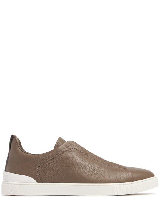Zegna: Triple Stitch leather low-top sneakers - Taupe - men_0 | Luisa Via Roma