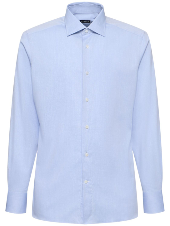 Zegna: Sartorial stretch cotton twill shirt - Light Blue - men_0 | Luisa Via Roma