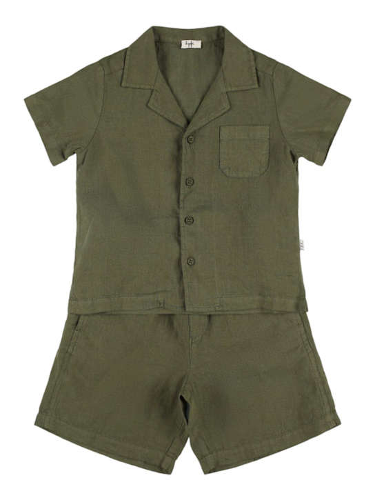 Il Gufo: Linen shirt&shorts - Dark Green - kids-boys_0 | Luisa Via Roma
