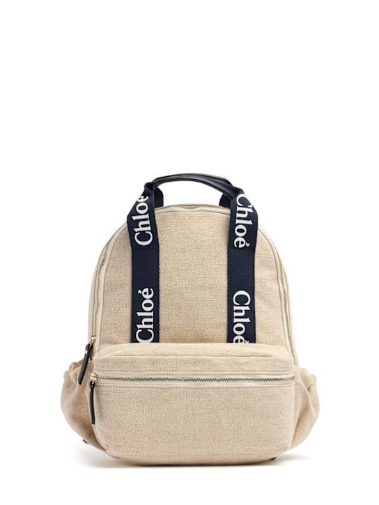 Chloé: Jute blend backpack w/logo strap - Beige/Blue - kids-girls_0 | Luisa Via Roma