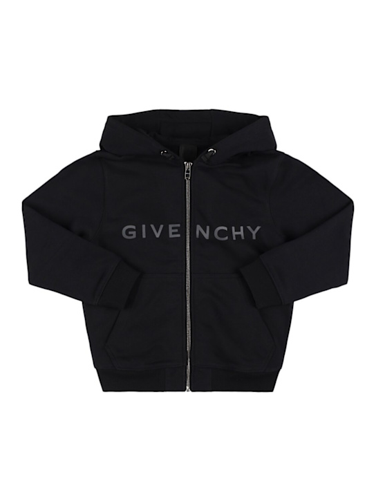 Givenchy: Full-zip hooded cotton blend sweatshirt - Black - kids-boys_0 | Luisa Via Roma