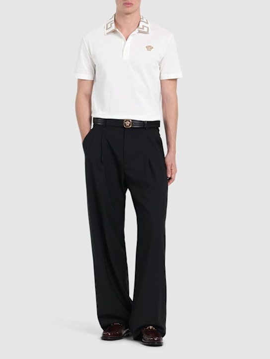 Versace: Greca lurex cotton piquet polo - White/Gold - men_1 | Luisa Via Roma